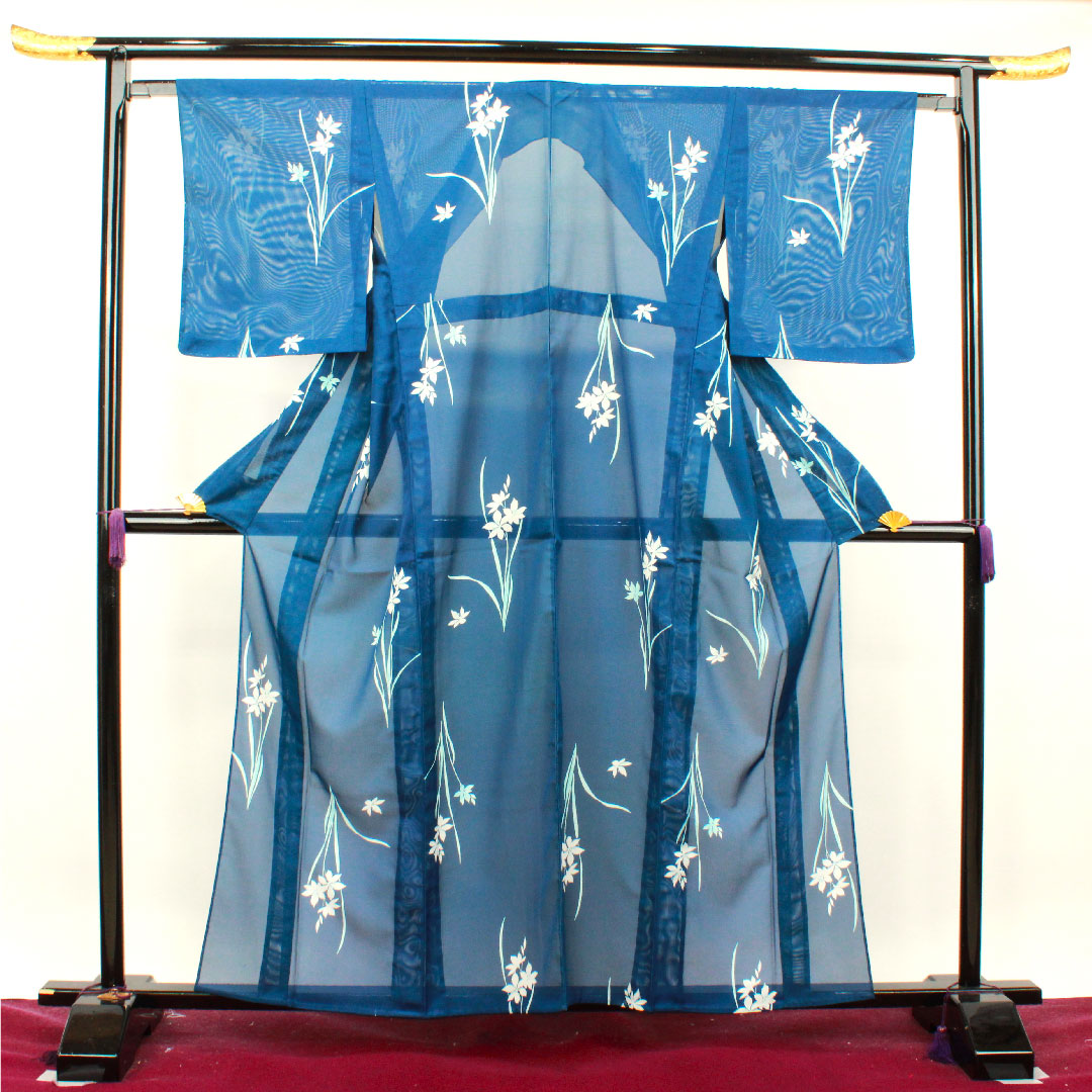 夏物 ポリエステル 小紋 身丈160cm 裄丈63cm 呉須色(ごすいろ) タマスダレ しつけ糸付き 未使用品 絽 Sランク 青系 1132000962417