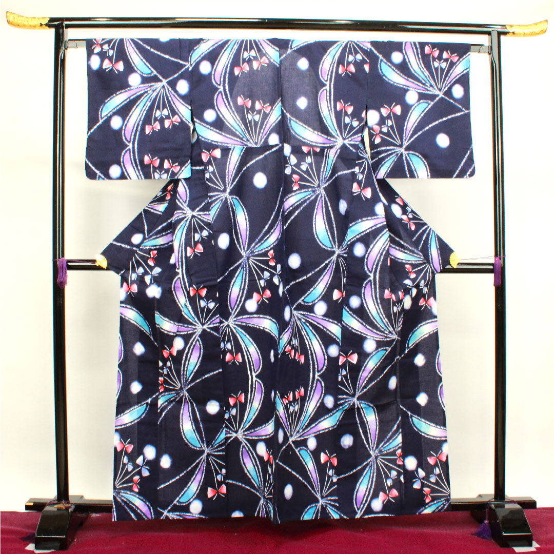 浴衣 濃紺色 抽象模様 木綿 Sランク 単衣 身丈162cm 裄丈66cm 紺系 1118003882418