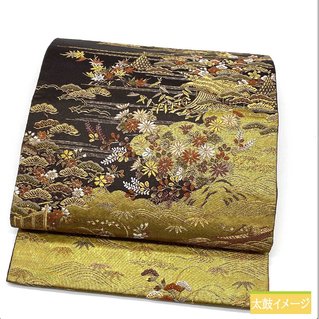 袋帯 正絹 消炭黒色(けしずみぐろいろ) 古典柄 加納幸 御所解文 帯丈437cm Sランク 六通 フォーマル 金系 1123011332321