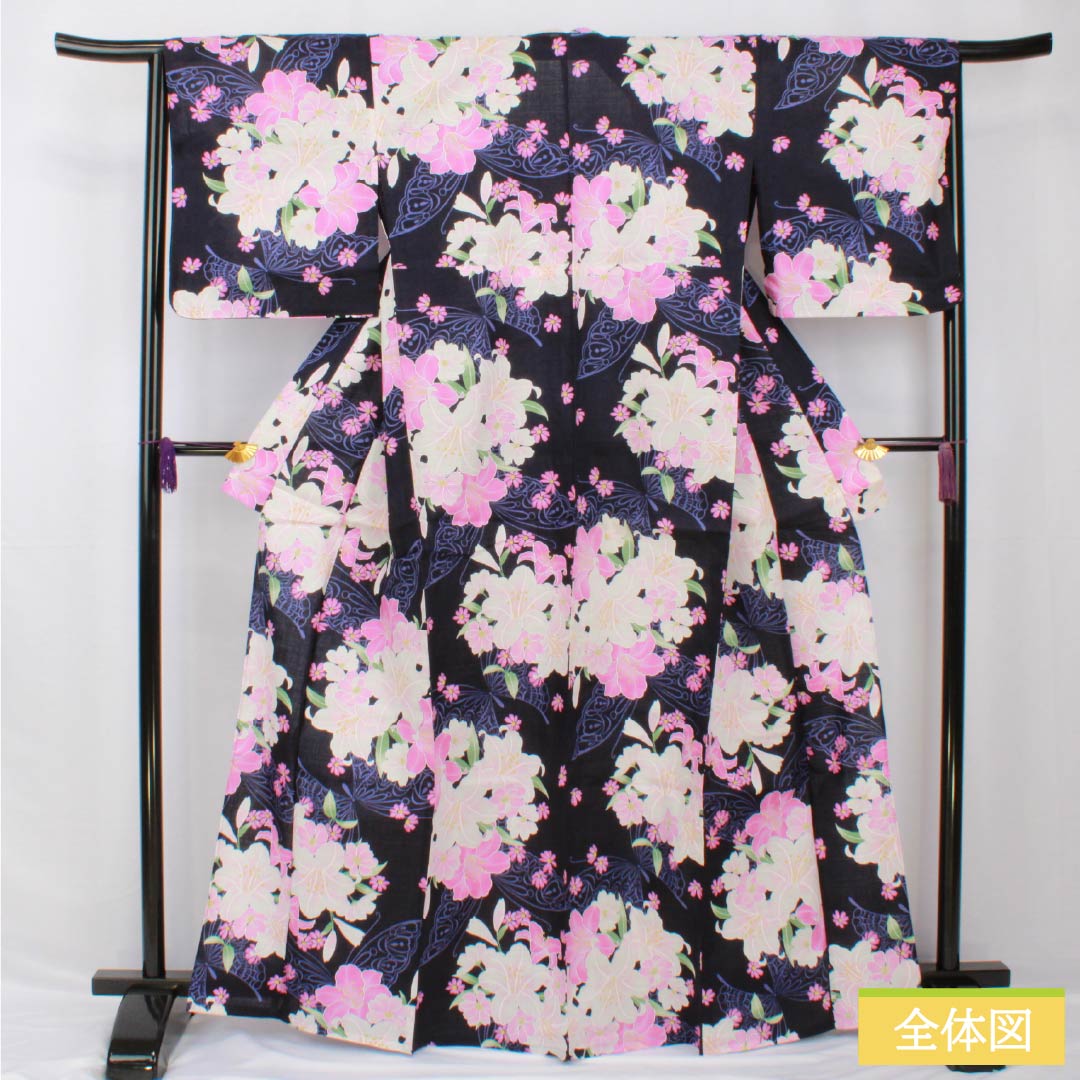 Yukata Cotton Length 166.5cm Sleeve length 65.5cm NEW rank Single layer Navy blue (Nukon-iro) Brand new unused item Comes with pre-tied obi Butterfly 1118005571518