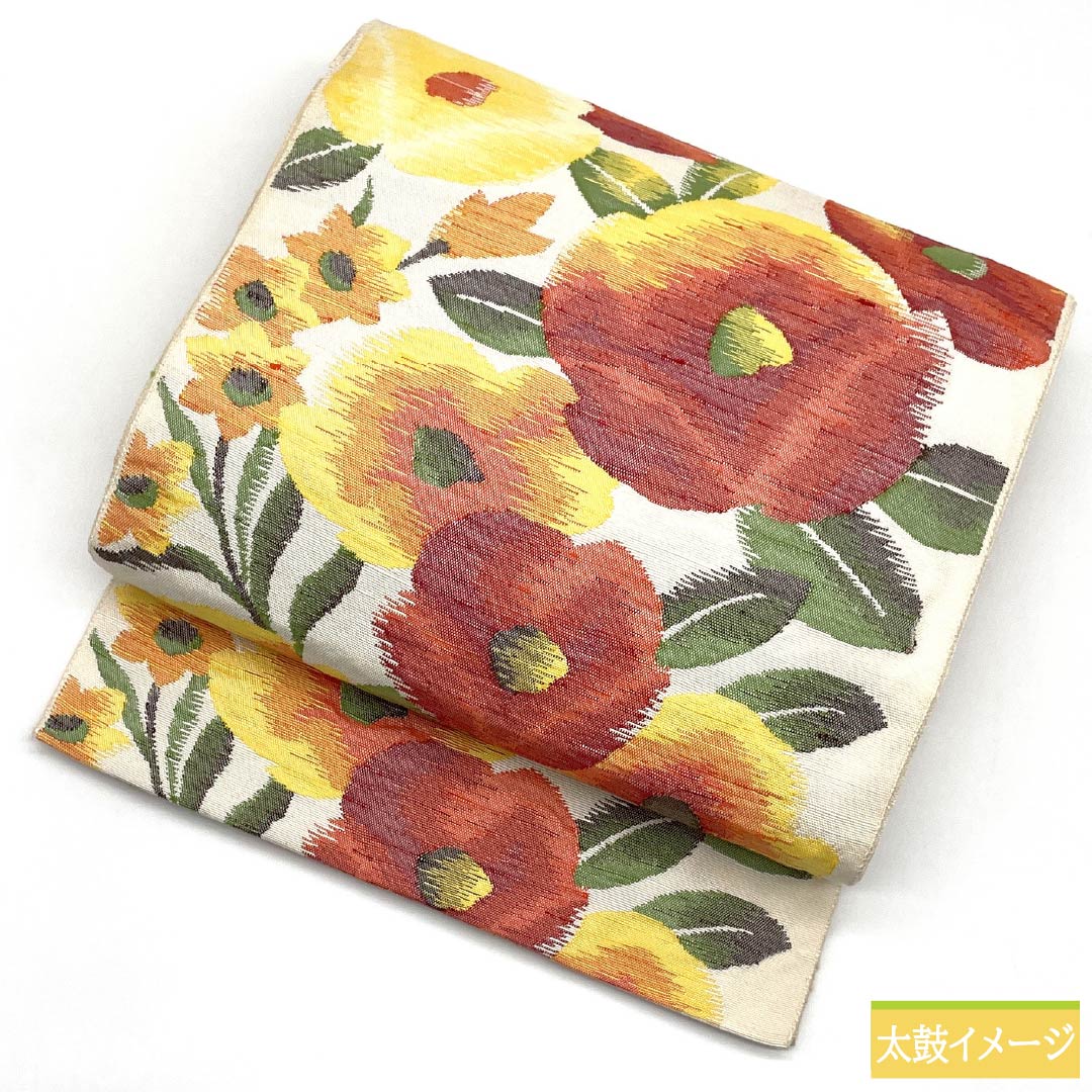 リサイクル着物】名古屋帯 正絹 Sランク 草花模様 帯丈350cm 六通