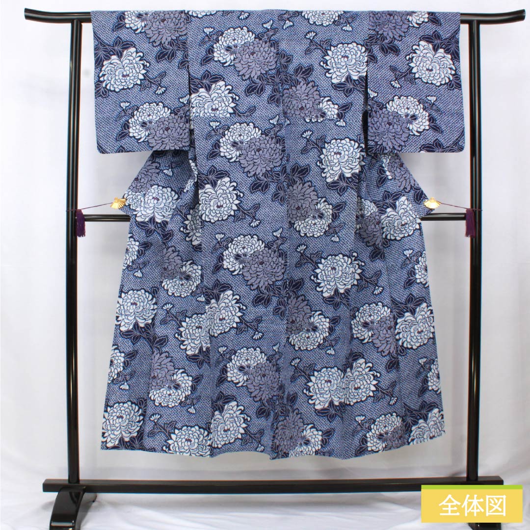 浴衣 木綿 身丈146.5cm 裄丈60.5cm Sランク 単衣 紺系 菊 リップル 1118006552118