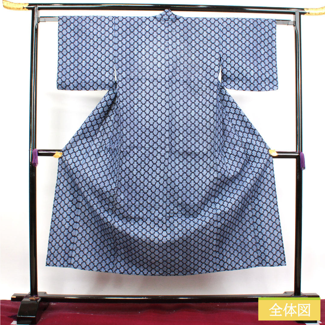 リサイクル着物】浴衣 木綿 身丈149cm 裄丈61cm Sランク 単衣 紺系 濃紺色（のうこんいろ） リップル 幾何学模様 1118004502118