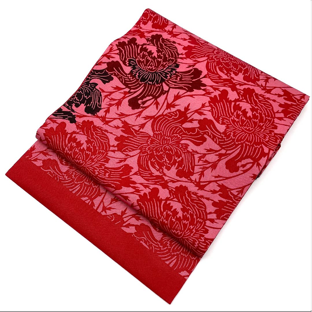 名古屋帯 中紅花色 草花模様 染帯 帯丈358cm 正絹 Aランク 六通 カジュアル 赤系 1124003493312 名古屋仕立て