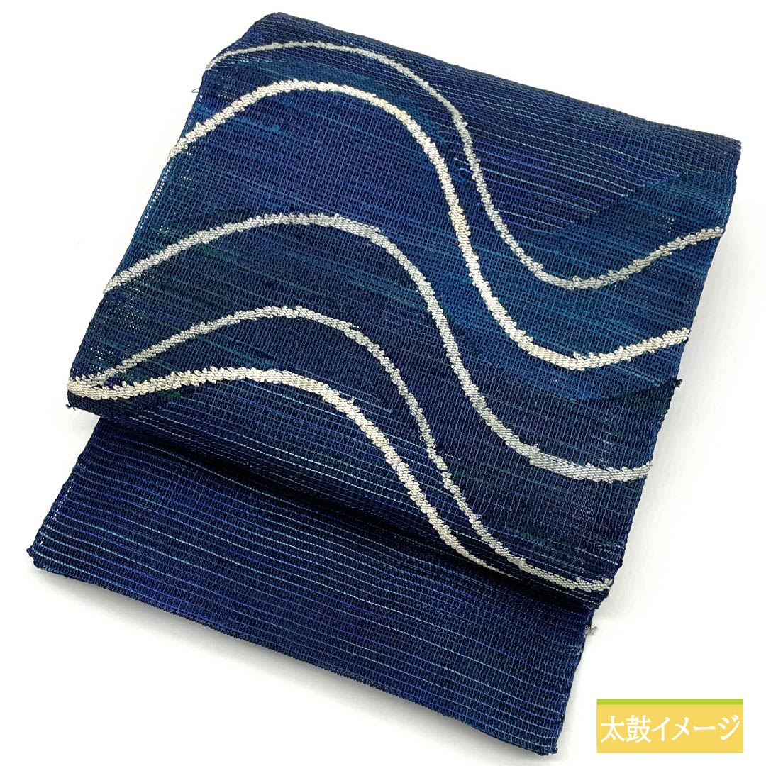 名古屋帯 紺瑠璃色(こんるりいろ) 夏帯 波 帯丈379cm 正絹 Sランク ポイント柄 カジュアル 紺系 1124008612318 松葉仕立て