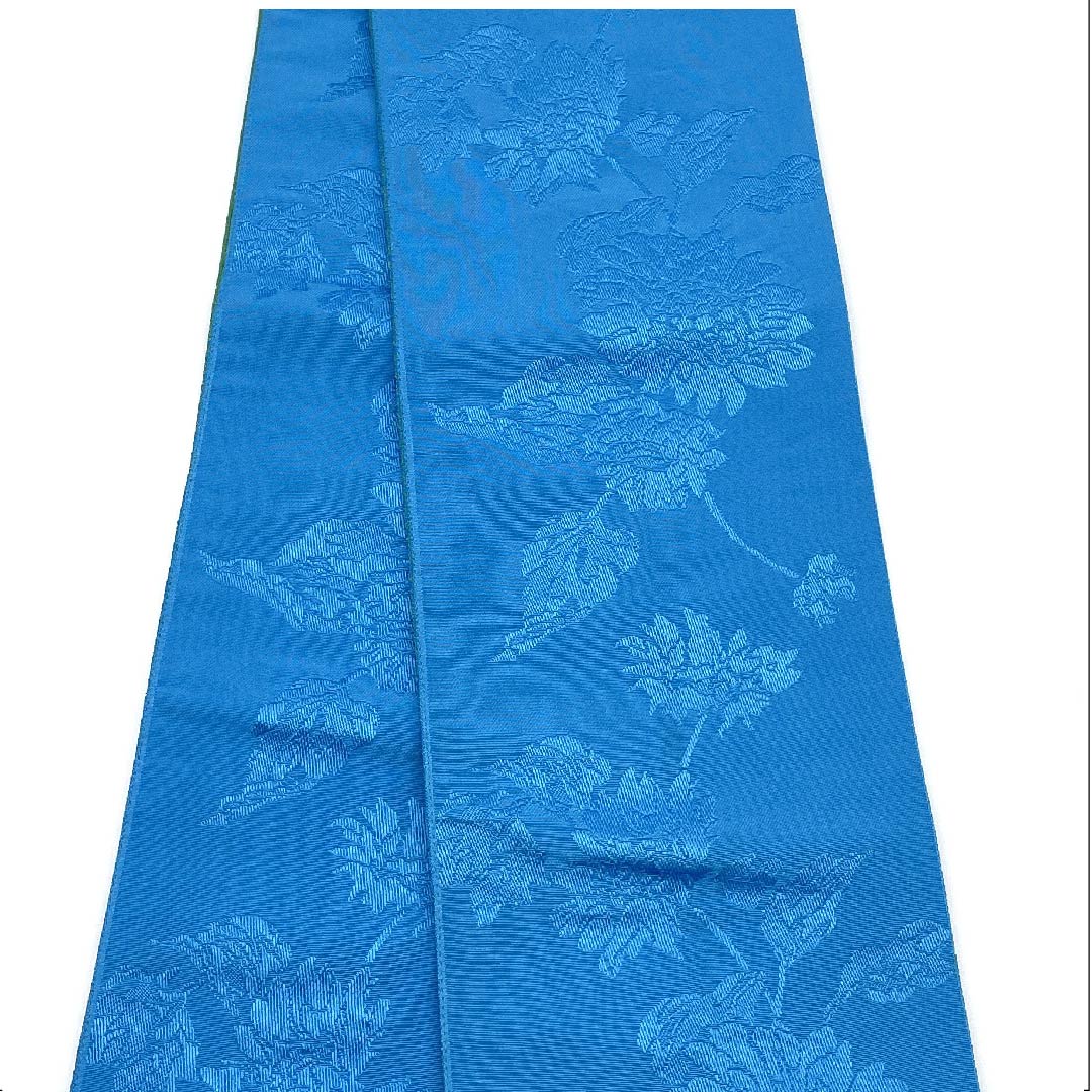 半幅帯 ポリエステル 次縹色(つぎのはなだいろ) 花柄 植物柄 リバーシブル 帯丈364cm 青系 Sランク 1125000902317