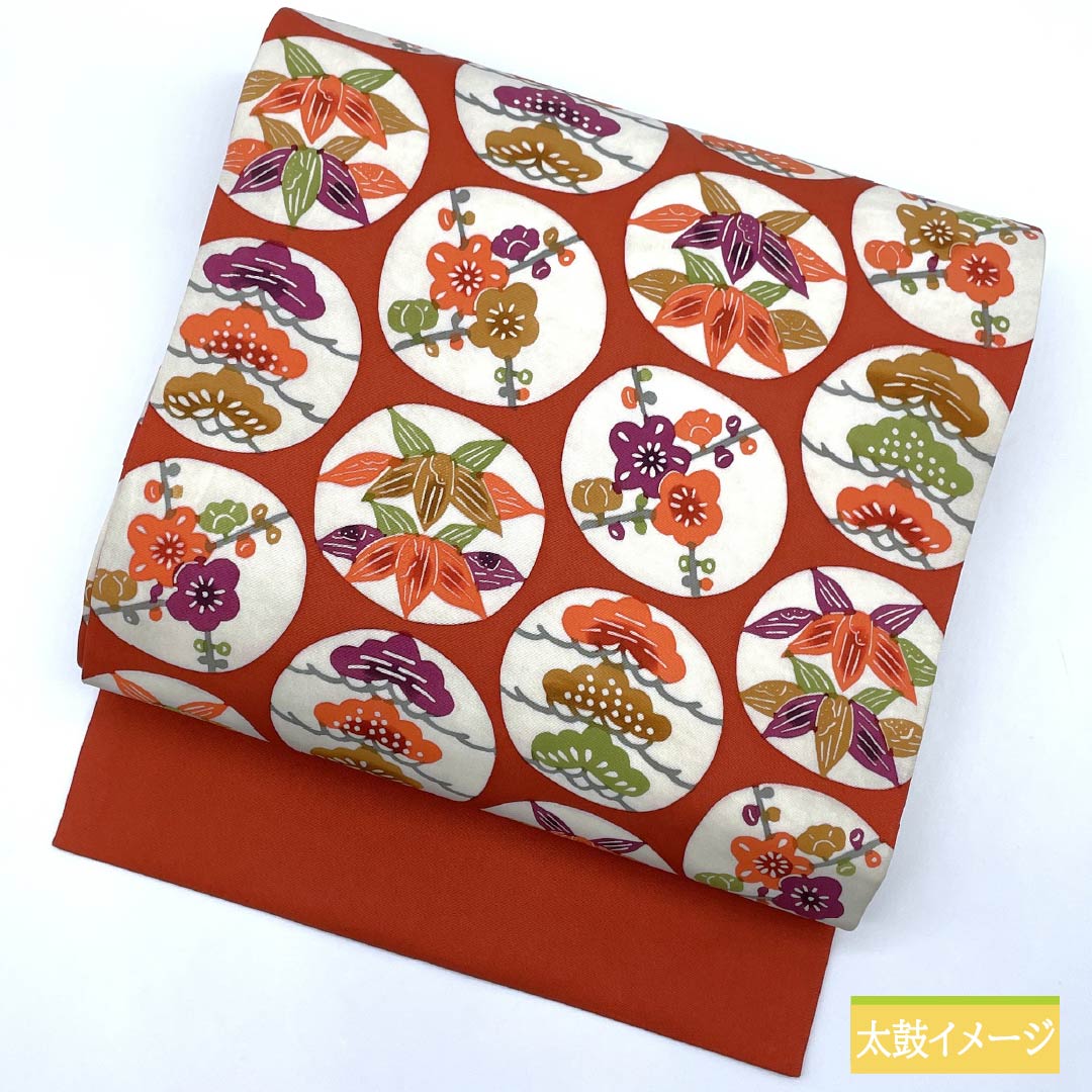 名古屋帯 紅唐色(べにとういろ) 染め帯 丸に松竹梅 帯丈364cm 正絹 Sランク 全通 カジュアル 朱系 1124007302316 名古屋仕立て