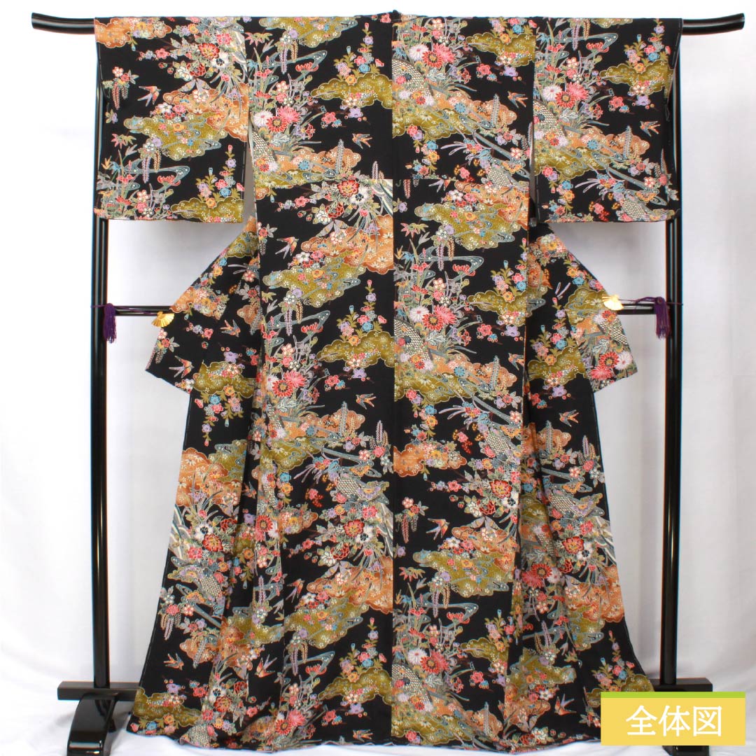 小紋 正絹 身丈169cm 裄丈68cm 袷 琉球紅型 手挿調小紋 西村英明 伝統工芸士 しつけ糸付き Sランク 黒系 1115005962510