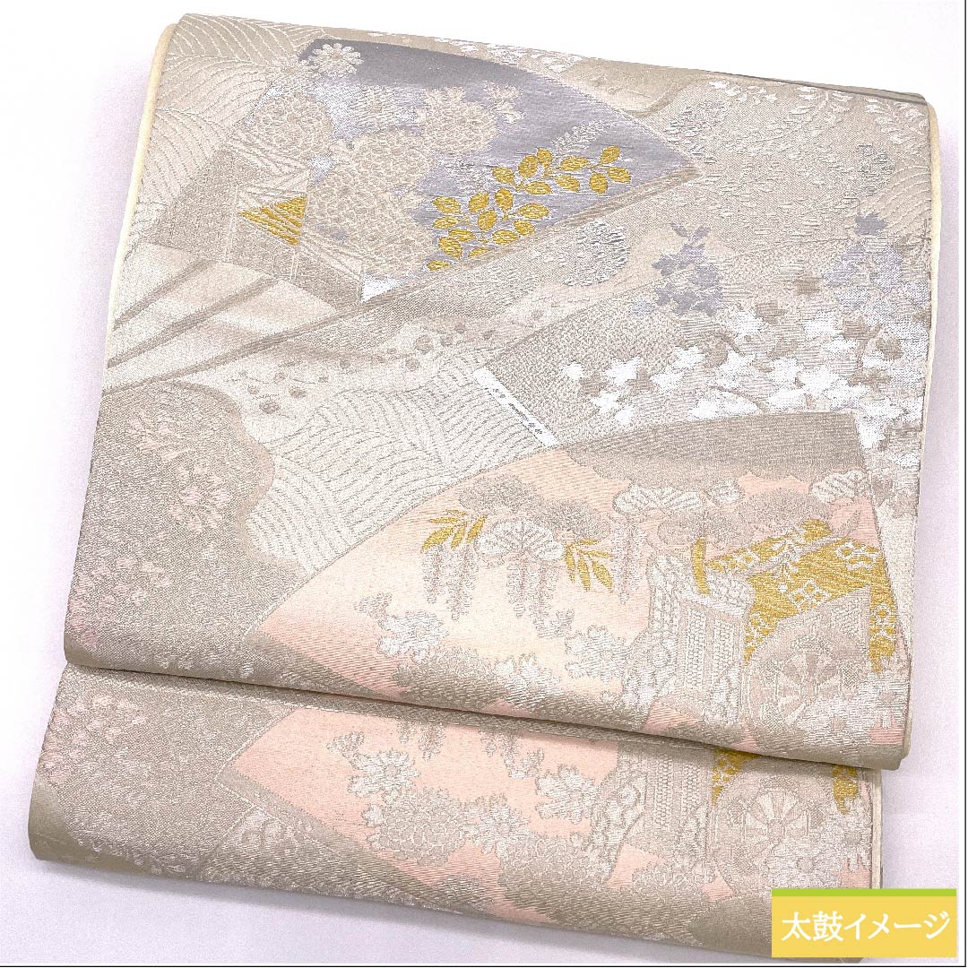 (未仕立)袋帯 胡粉色(ごふんいろ) 扇面 御所車 菊 秀峰 帯丈404cm 正絹 Sランク 六通 フォーマル 白系 1123010252311