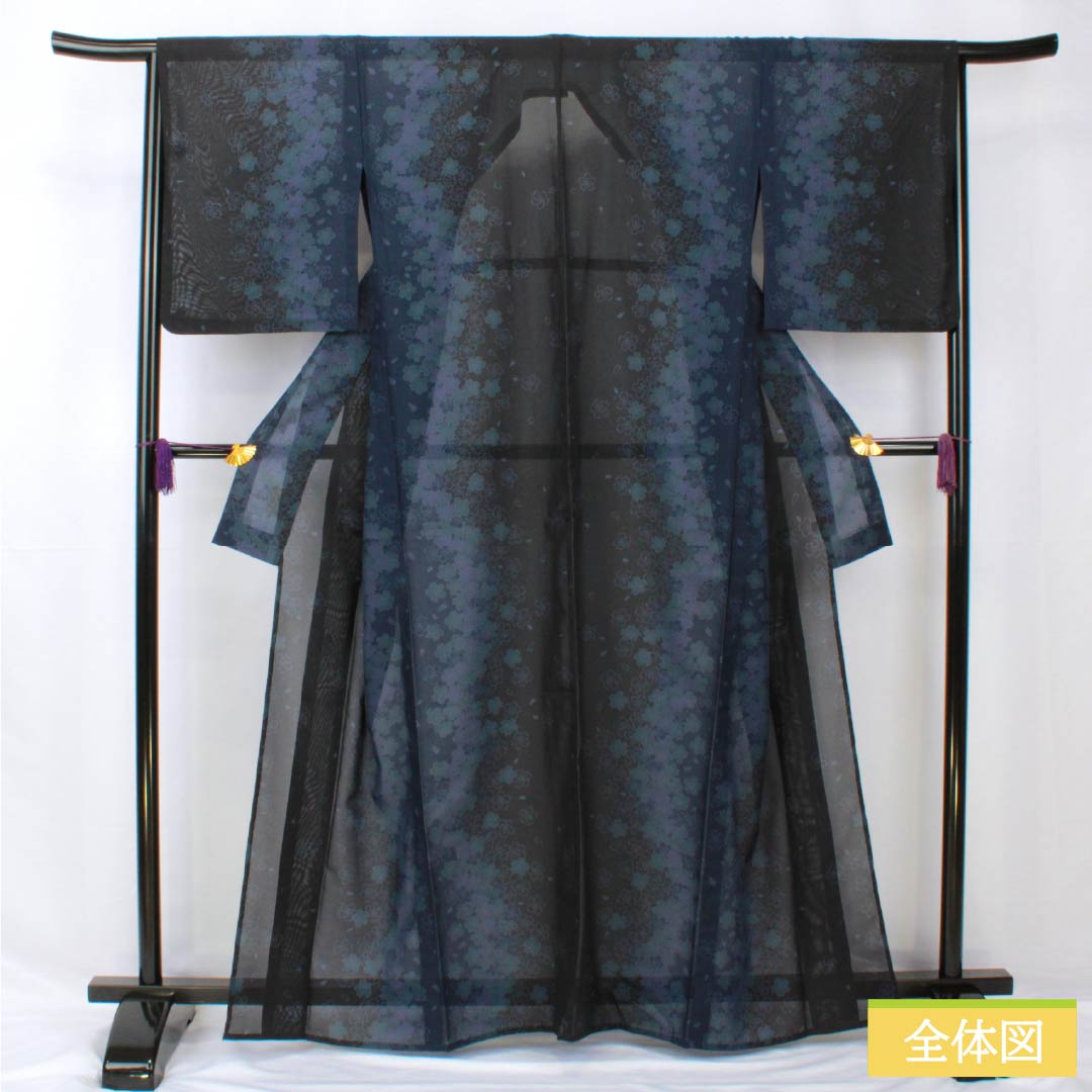 Summer kimono, polyester, small pattern, length 163.5cm, sleeve length 65cm, cherry blossom, washable kimono, gauze, S rank, black, 1132001942410