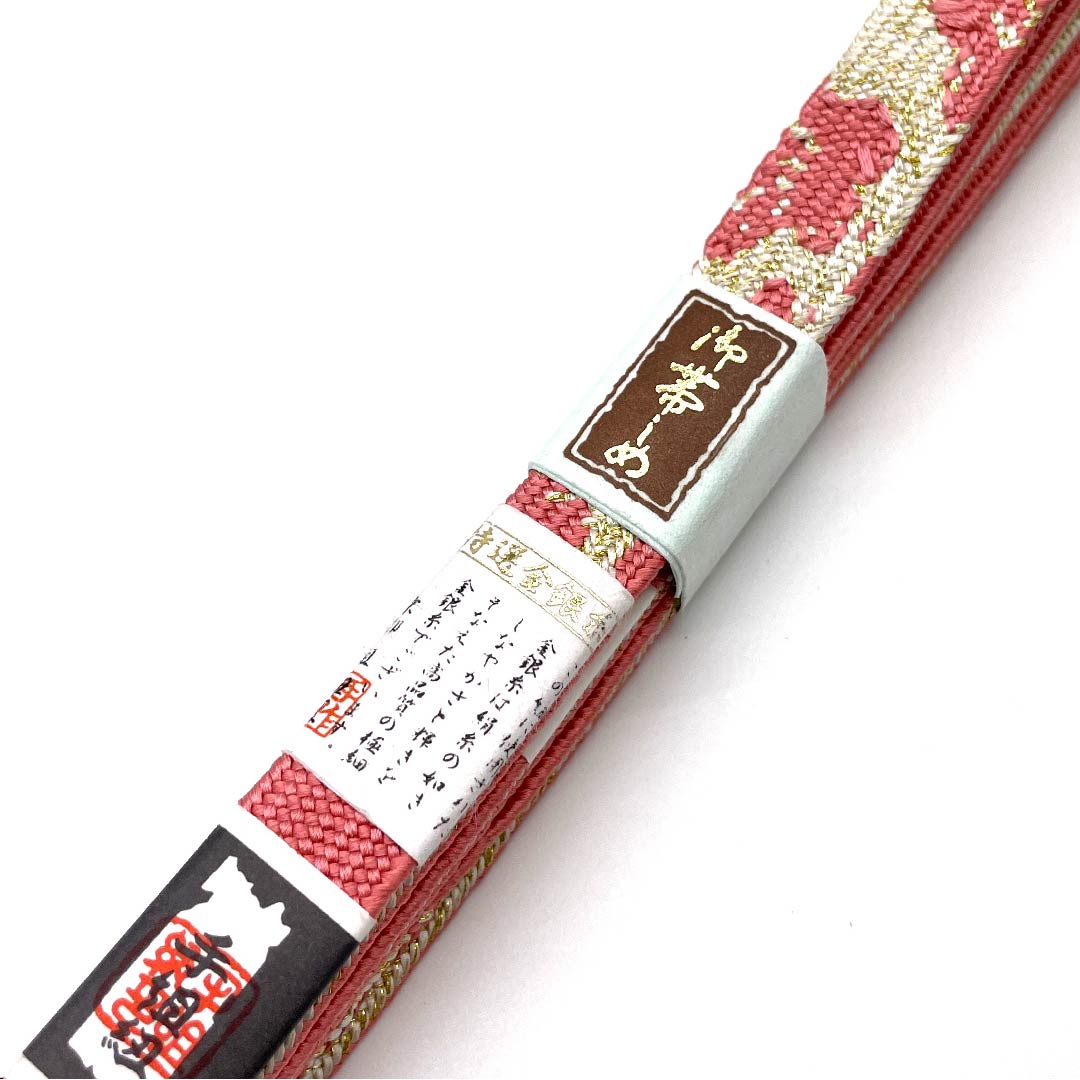 (New, used item) Obijime, pure silk, quarter-length string, pinkish red color, specially selected gold and silver thread, hand-woven string, new, used item, length approx. 165cm, width approx. 1.5cm, semi-formal, S rank, pink, 1135001542913