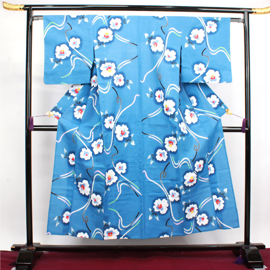 浴衣 空色 草花模様 木綿 Sランク 単衣 身丈152cm 裄丈63cm 青系 1118003342217