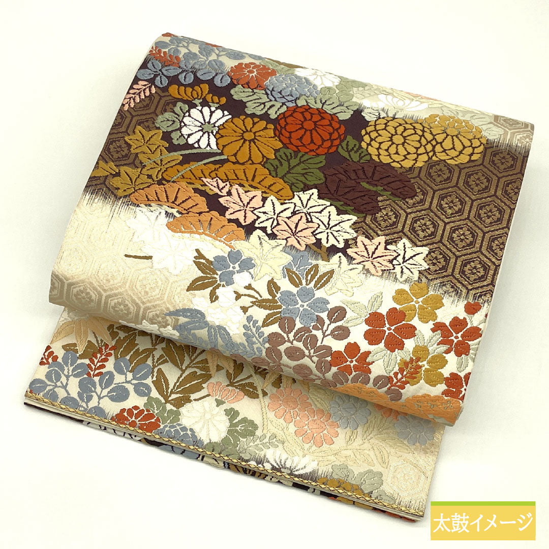 袋帯 正絹 Sランク 唐織 西陣織 四季草花文 帯丈428cm 六通 フォーマル グラデーション系 1123017442399