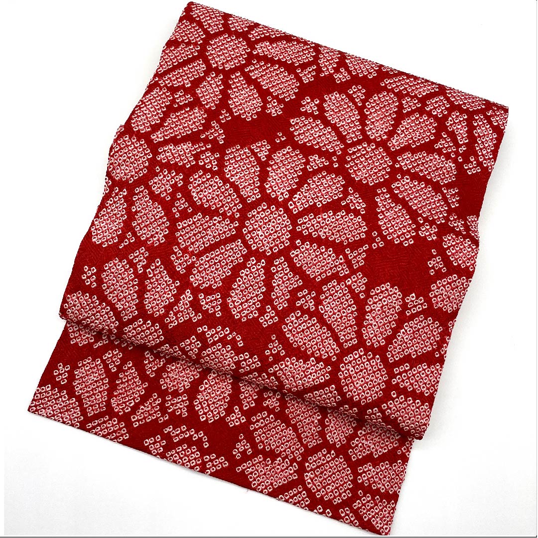 名古屋帯 紅赤色 絞り 小花模様 帯丈352cm 正絹 Sランク 六通 カジュアル 赤系 1124004872312 名古屋仕立て