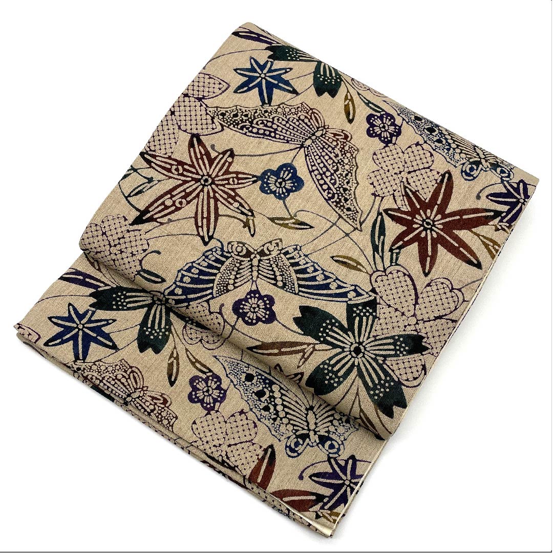 袋帯 白橡色(しろつるばみ) 蝶 桜 染め帯 帯丈450cm 正絹 Aランク 全通 カジュアル 茶系 1123006103314