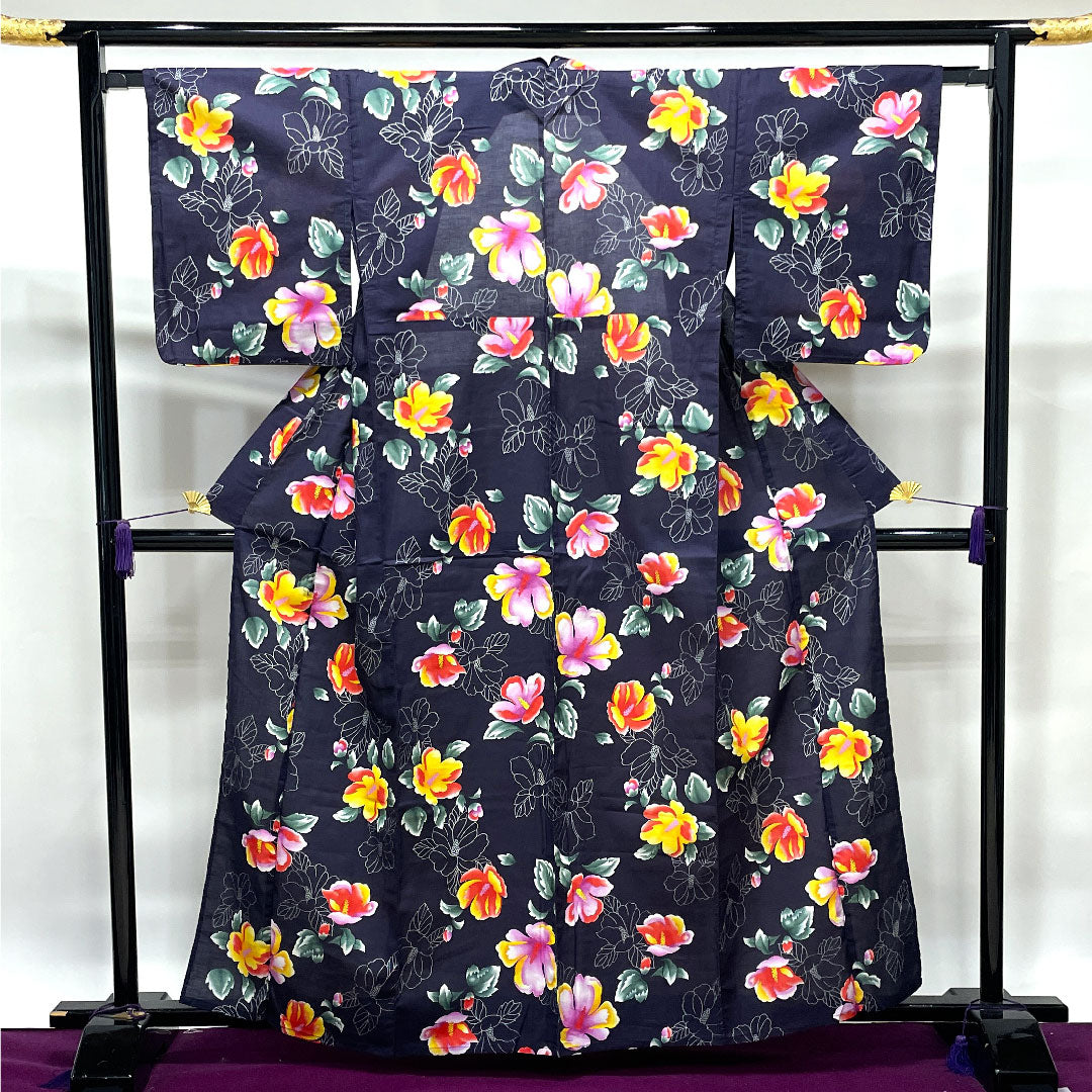 浴衣 紫烏色 花模様 木綿 Sランク 単衣 身丈162.5cm 裄丈64.5cm 紫系 1118002352420