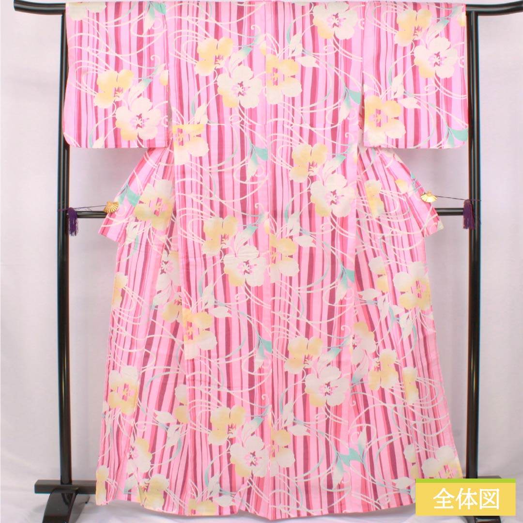 浴衣 木綿 身丈164.5cm 裄丈62.5cm Sランク 単衣 ピンク系 桃色(ももいろ) ハイビスカス 縞 1118006702413