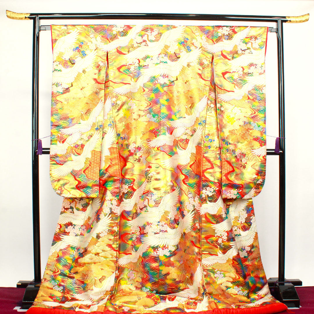 色打掛 身丈182cm 唐織 鶴 松 梅 波 正絹 Sランク 袷 グラデーション系 1110000582999