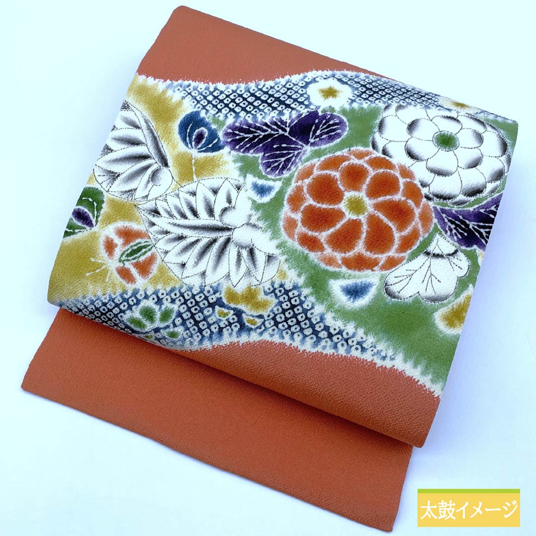 名古屋帯 珊瑚色(さんごいろ) ちりめん地 辻ヶ花 帯丈360cm 正絹 Sランク ポイント柄 カジュアル 橙系 1124008292326 名古屋仕立て