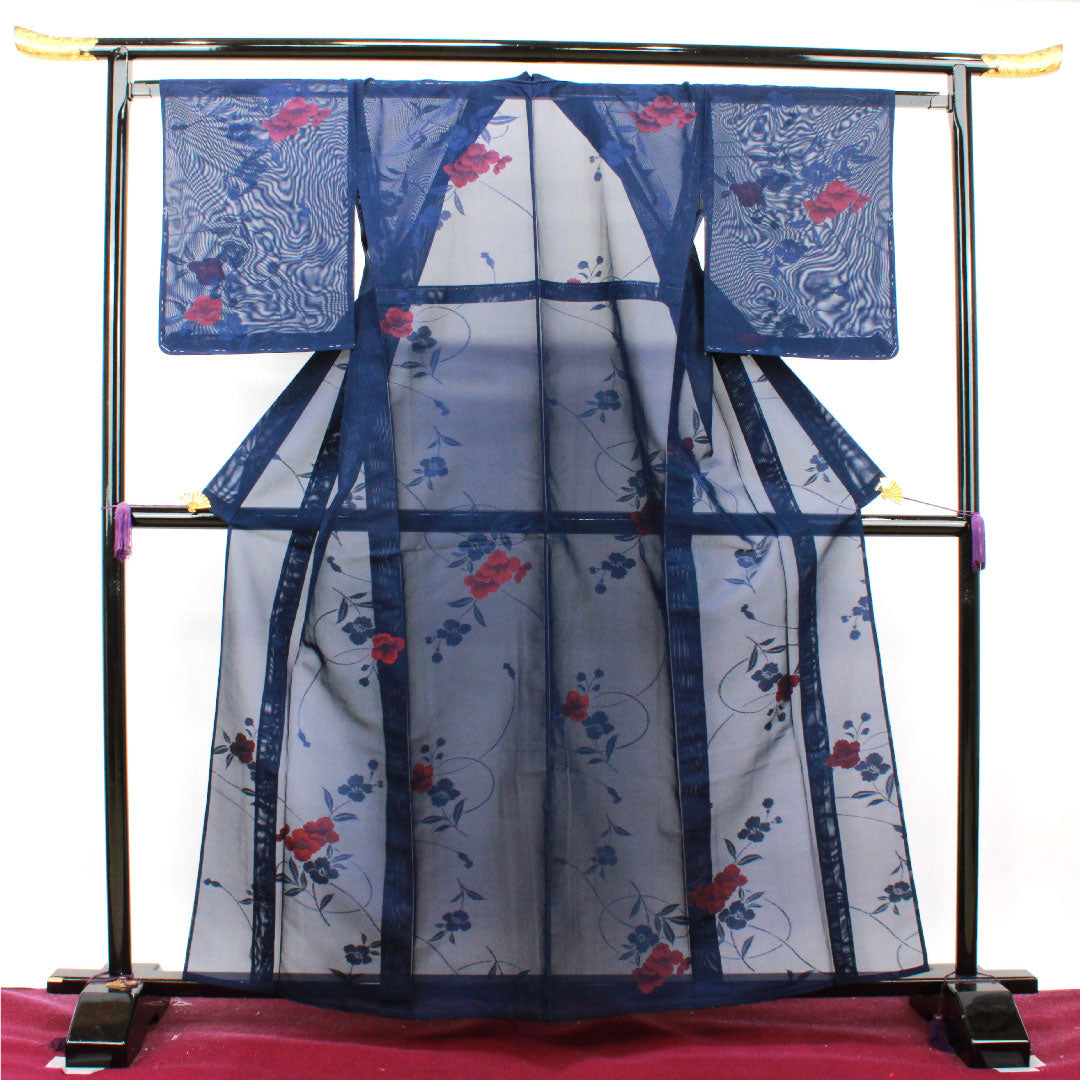 夏物 正絹 小紋 身丈161cm 裄丈64.5cm 濃紺色(のうこんいろ)椿 紗 Sランク 紺系 1132001182418