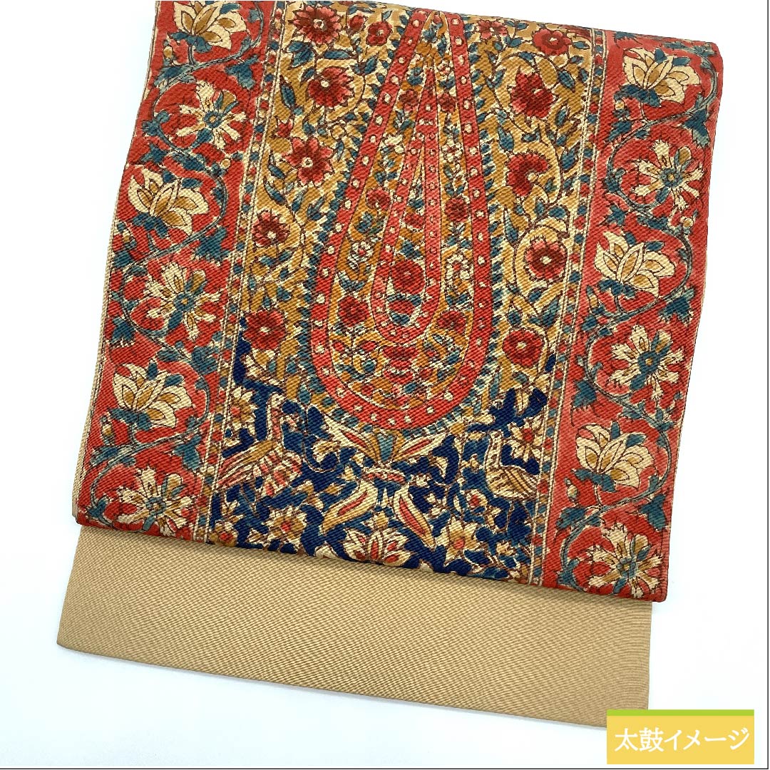 名古屋帯 山吹鼠色 更紗模様 帯丈359.5cm 正絹 Aランク ポイント柄 カジュアル ベージュ系 1124006063325 名古屋仕立て