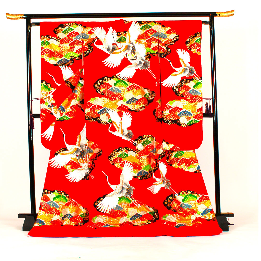 色打掛 身丈186cm 紗綾形 鶴 松 正絹 Sランク 袷 赤系 1110000112812