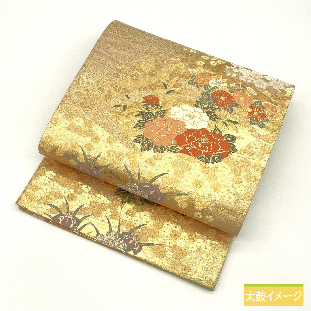 袋帯 正絹 Aランク 西陣織 扇面 花模様 留袖用 帯丈430cm 六通 フォーマル 金系 1123016493321