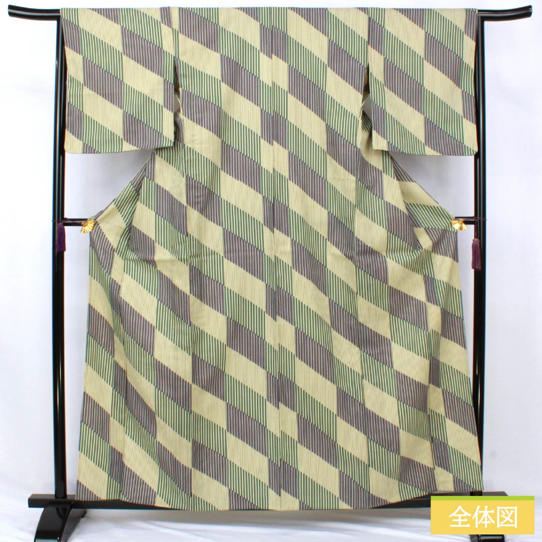 Polyester Komon, Rank S, Length 161cm, Sleeve-to-shoulder 65.5cm, Unlined, Light Yellow Ochre, Stenciled, Stripes, Diagonal Ichimatsu, Washable Kimono, Yellow-based, 1115008012423