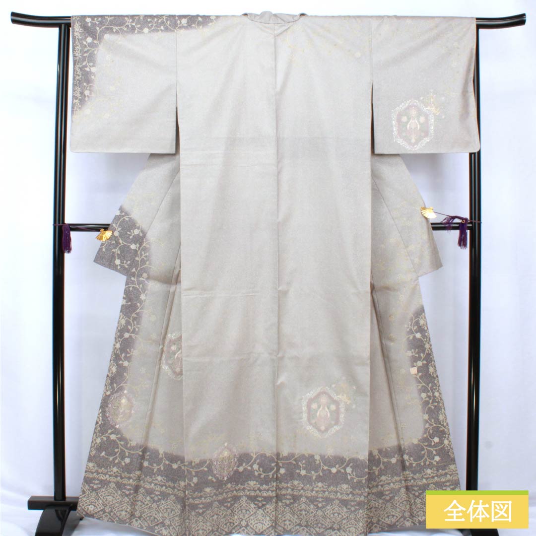 訪問着 正絹 Sランク 袷 身丈164.5cm 裄丈64.5cm 絹鼠色(きぬねずいろ) 蘇州刺繍 汕頭刺繍 抽象模様 グレー系 1112006422422