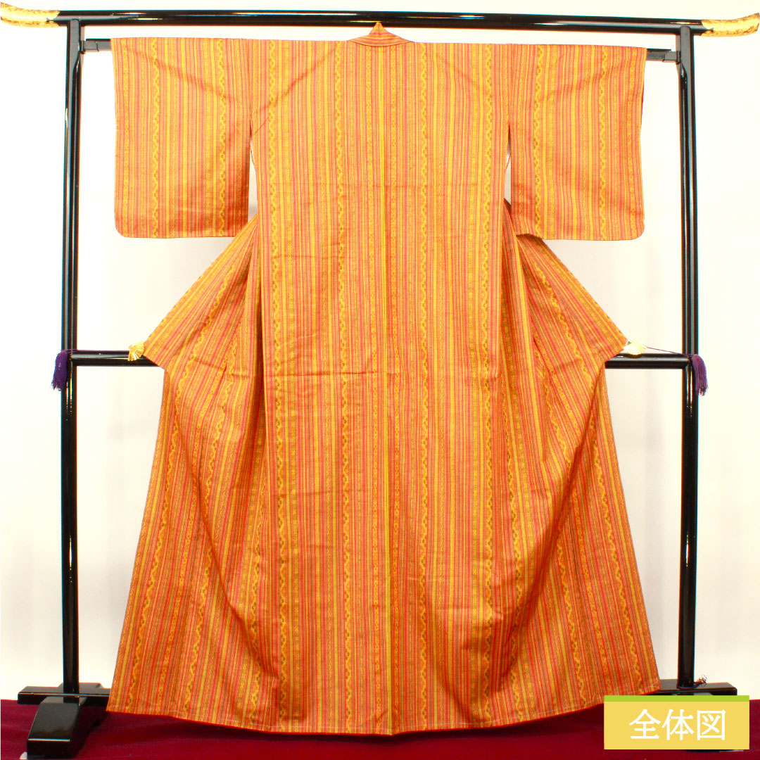 紬 正絹 身丈166cm 裄丈64cm 縞 しつけ糸付き 未使用品 Sランク 袷 黄系 1116003432523