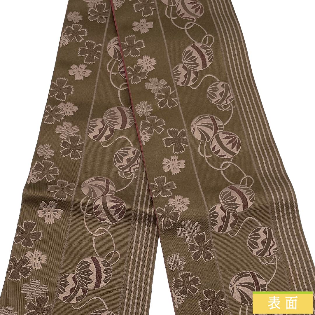 (新品)半幅帯 ポリエステル NEWランク 栗色(くりいろ) 海老色(えびいろ) 桜 毬 縞 七宝 帯丈394cm 茶系 1125006361314