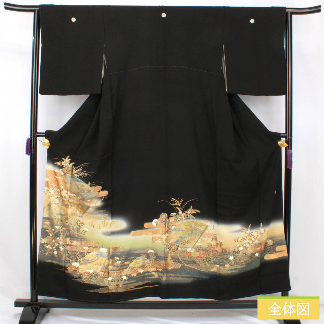 黒留袖 正絹 Sランク 身丈154cm 裄丈64cm 袷 京友禅 五つ紋 源氏車 扇面 慶長柄 作家物 五つ紋 黒系 1111002032210