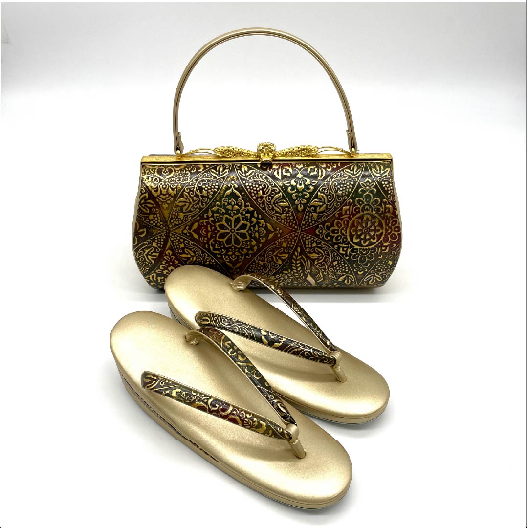 (新古品)草履バックセット フォーマル 褐色(かっしょく) 未使用品 金唐革 七宝 Mサイズ 茶系 Sランク 1133000242314