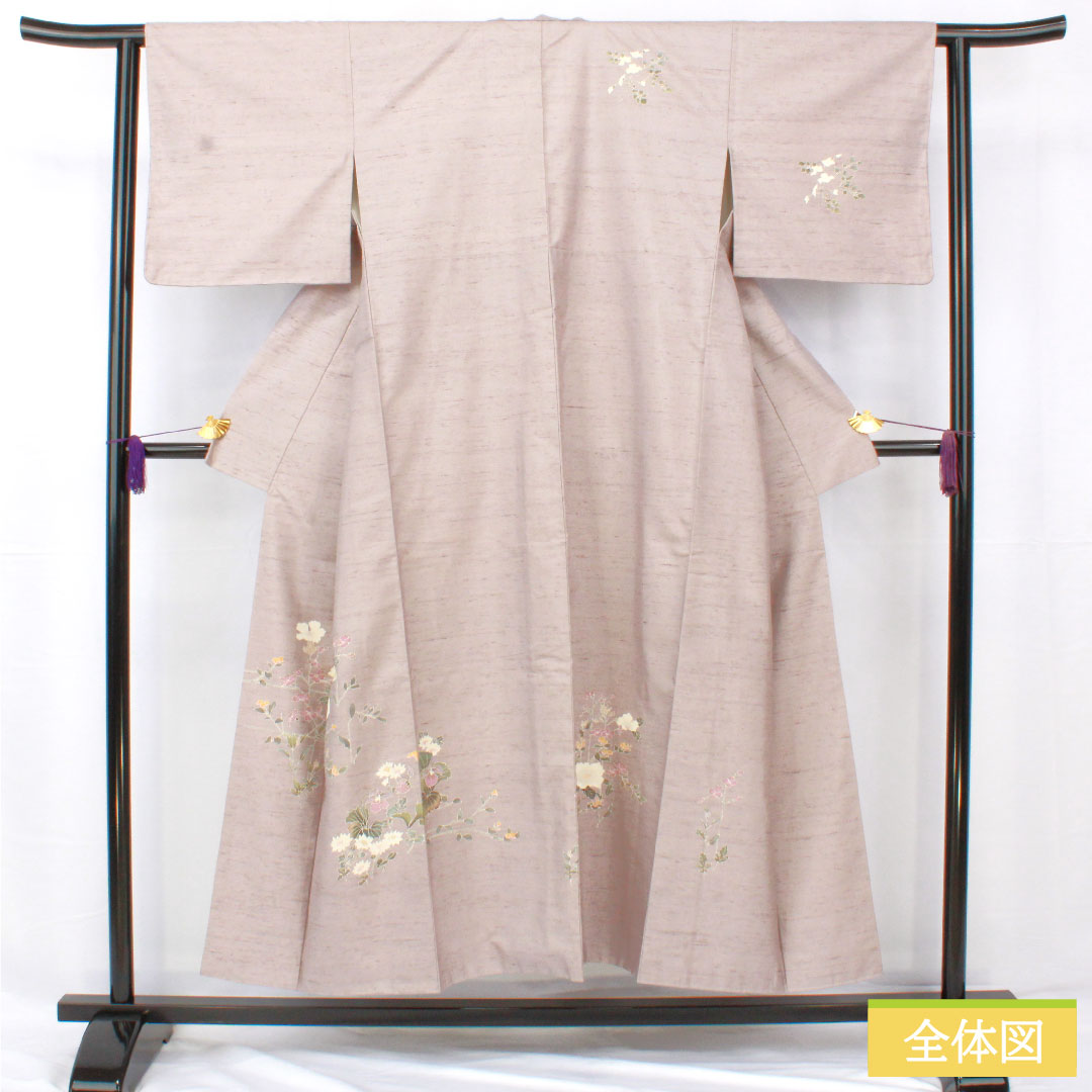 訪問着 正絹 袷 身丈151.5cm 裄丈61cm 鈍紫色(にびむらさきいろ) 紬地 牛首紬 草花模様 Sランク 紫系 1112005332220