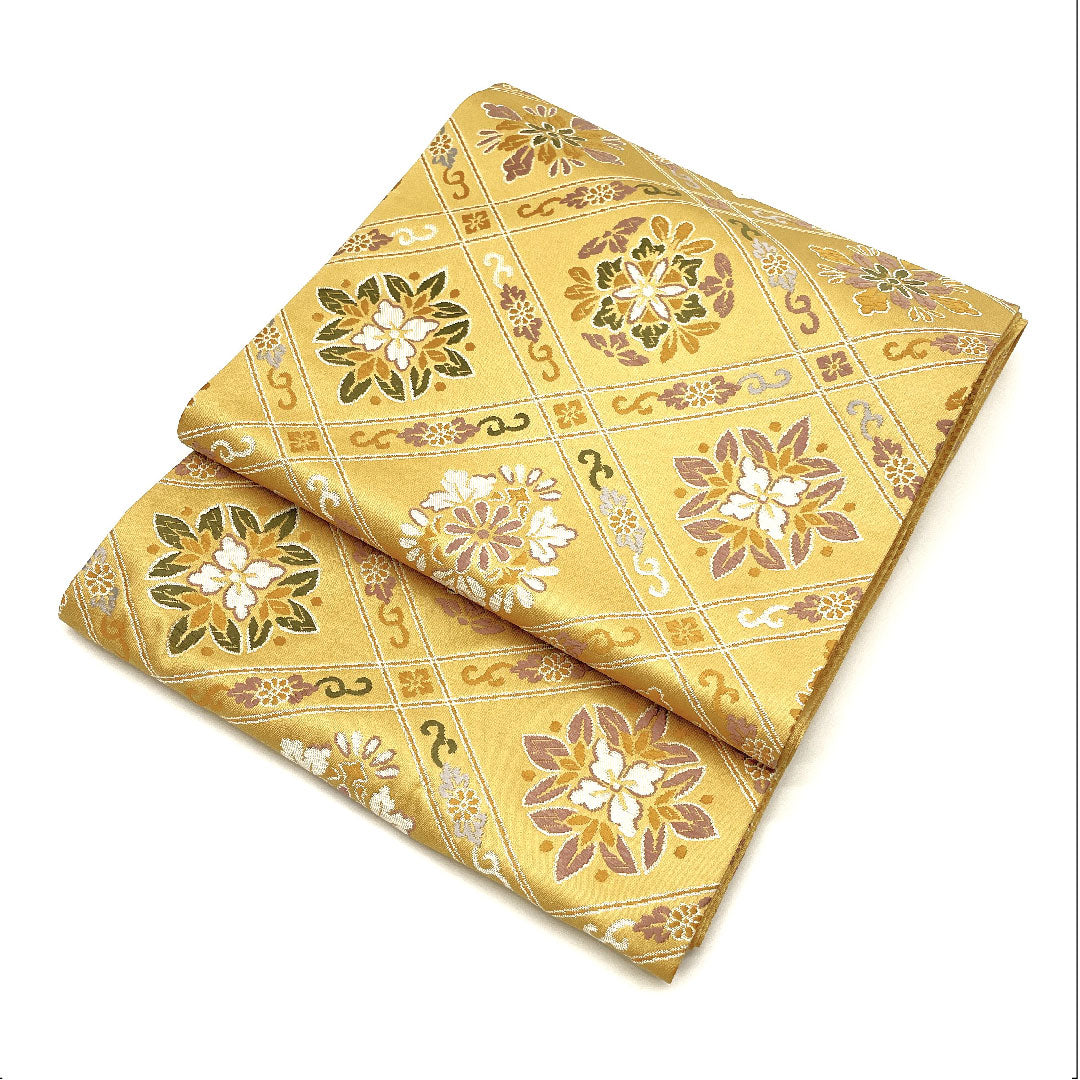 (未仕立)袋帯 花柄 菱 単衣 帯丈452cm 正絹 NEWランク 六通 セミフォーマル 黄系 1123002511423