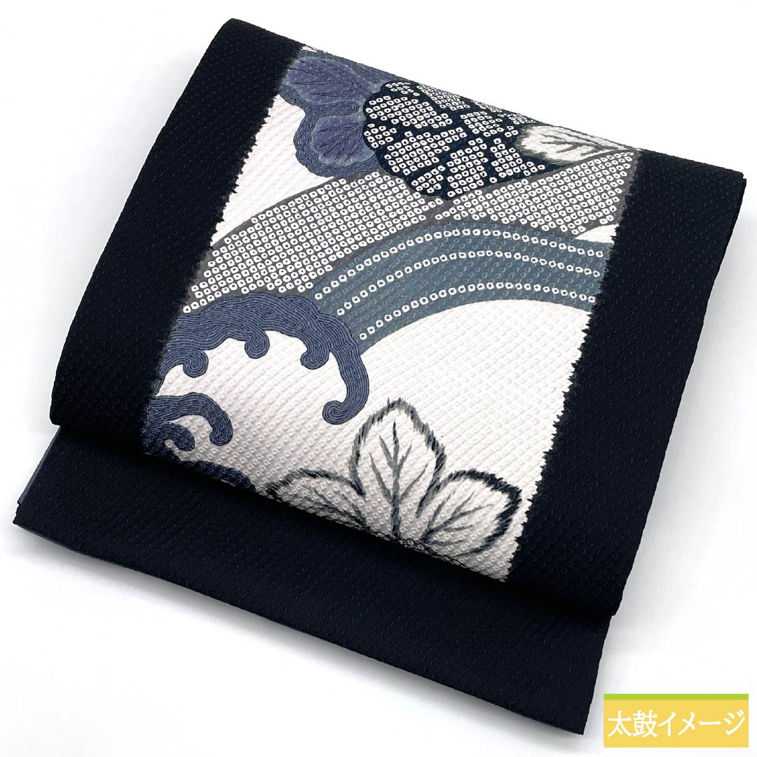 (京袋帯)名古屋帯 ポリエステル Sランク 京袋帯 染め帯 絞り 波 帯丈380cm 六通 カジュアル 黒系 1124010992410 開き仕立て