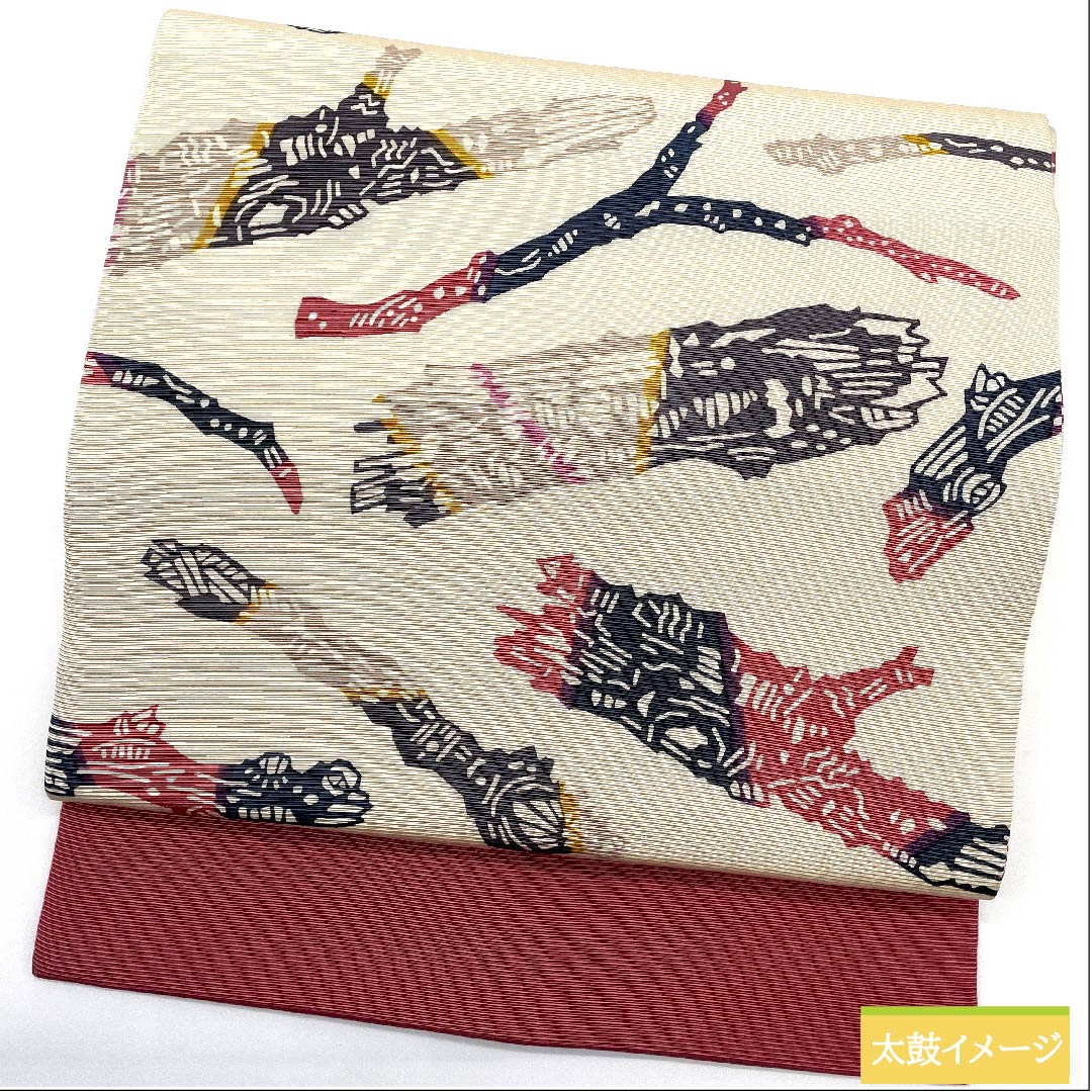 名古屋帯 生成り色 型染 京紅型 抽象模様 帯丈378.5cm 正絹 Sランク 全通 カジュアル 白系 1124005772311 名古屋仕立て