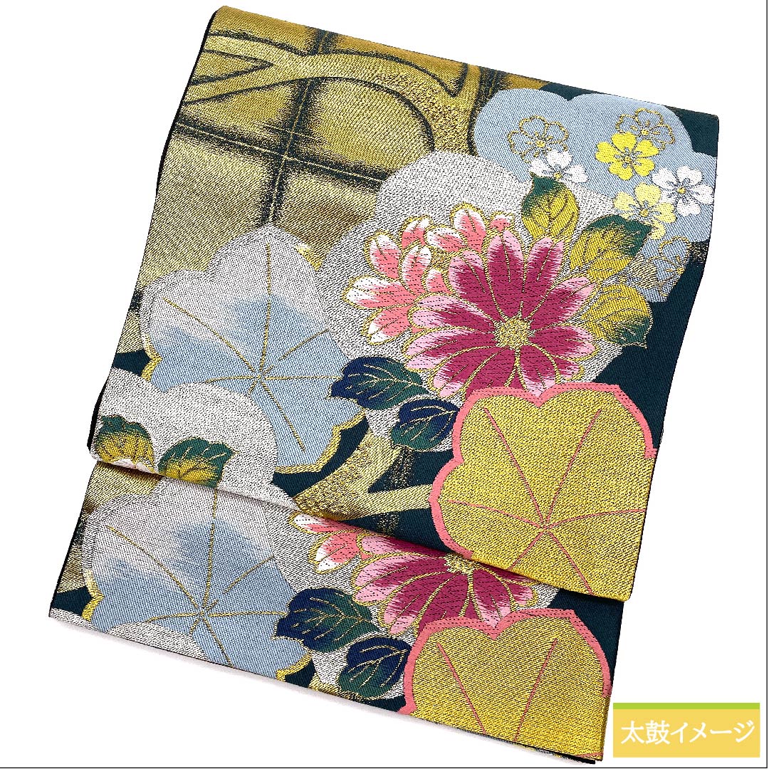 袋帯 高麗納戸色(こうらいなんどいろ) 梅 桜 花模様 石畳 帯丈430cm 正絹 Sランク 六通 フォーマル 緑系 1123010482319