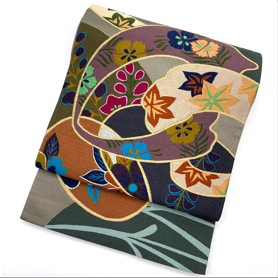 袋帯 消炭鼠色(けしずみねずみいろ) 白綾苑大庭 花柄 帯丈440cm 正絹 Sランク 六通 フォーマル グレー系 1123009362322