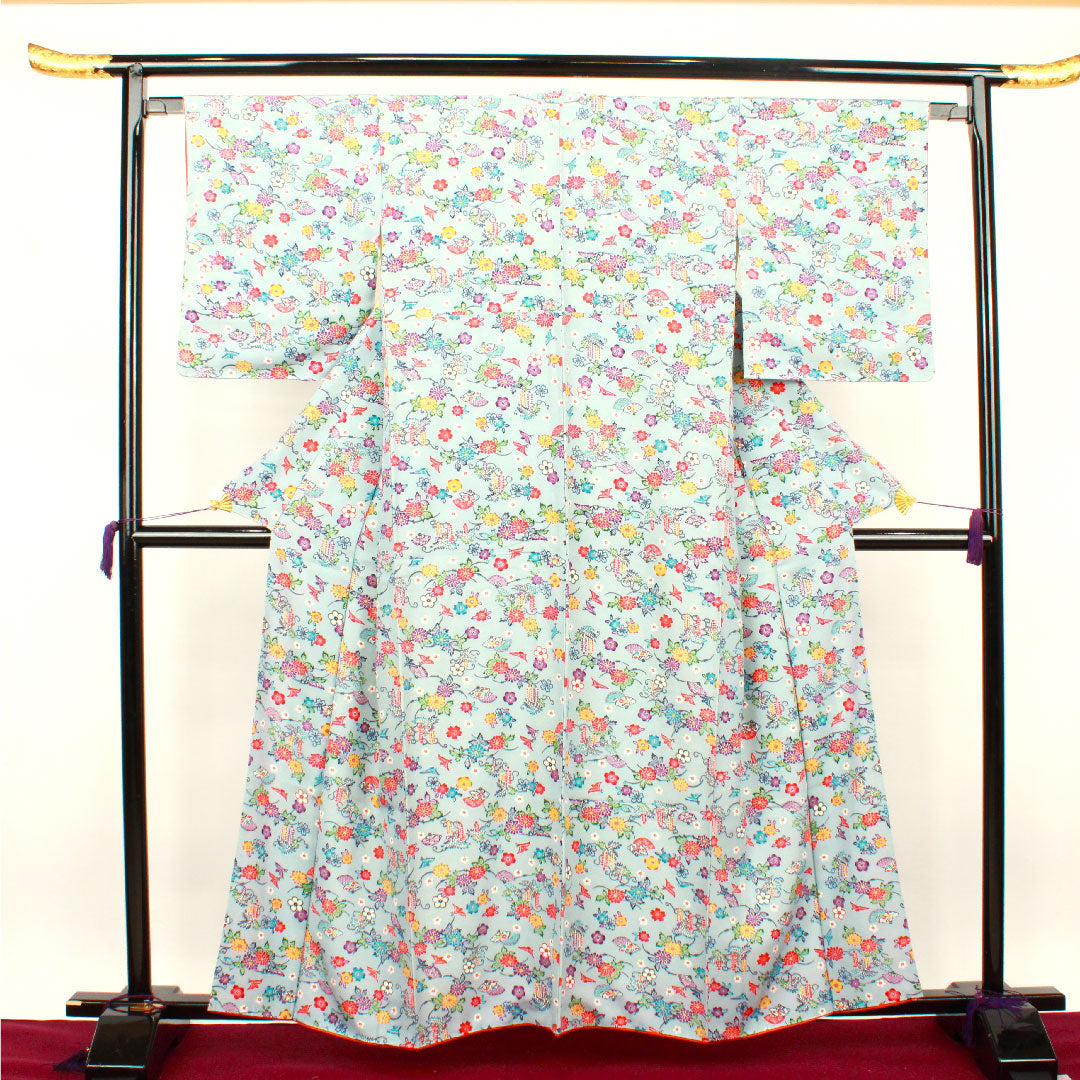 小紋 身丈160cm 裄丈62cm 袷 薄藍色 型染 草花模様 正絹 Sランク 青系 1115002742417