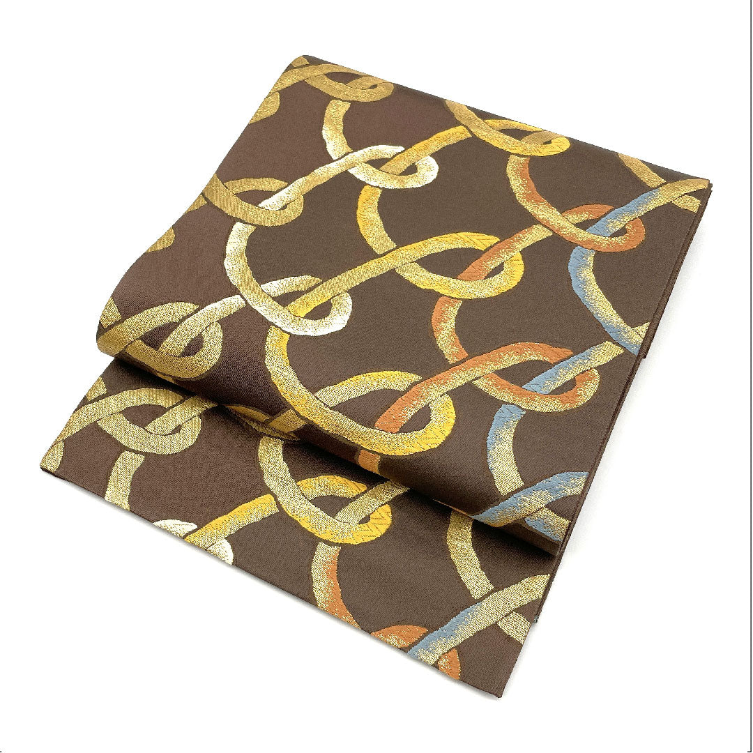 袋帯 輪繋ぎ 帯丈434cm 正絹 Bランク 六通 カジュアル 茶系 1123003884314