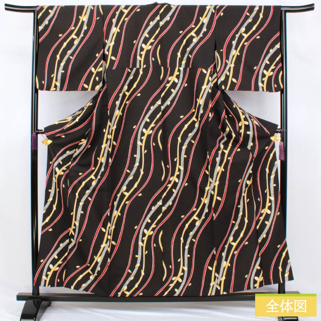 小紋 ポリエステル Sランク 身丈157.5cm 裄丈65.5cm 単衣 型染 曲線 花びら 洗える着物 黒系 1115007812310