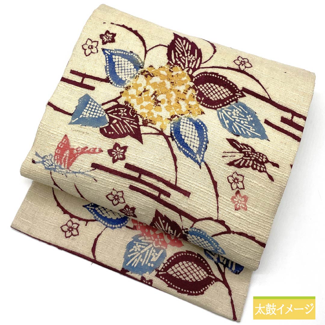 名古屋帯 尾花色(おばないろ) 型染 紬地 あじさい 帯丈366cm 正絹 Sランク 全通 カジュアル ベージュ系 1124007772325 名古屋仕立て