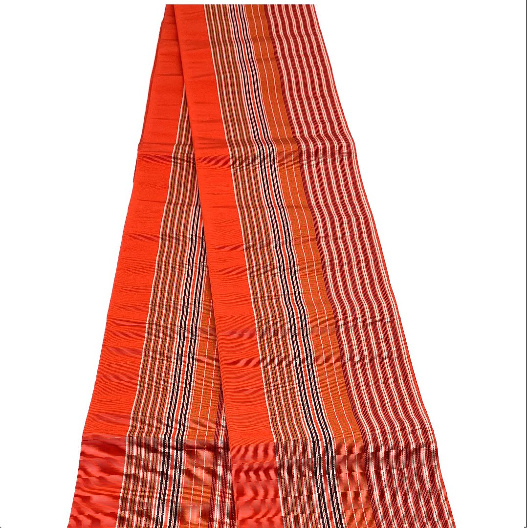 (未仕立)半幅帯 正絹 帯丈362cm 京緋色(きょうひいろ) 縞 博多織 本場筑前 橙系 Sランク 1125001422326
