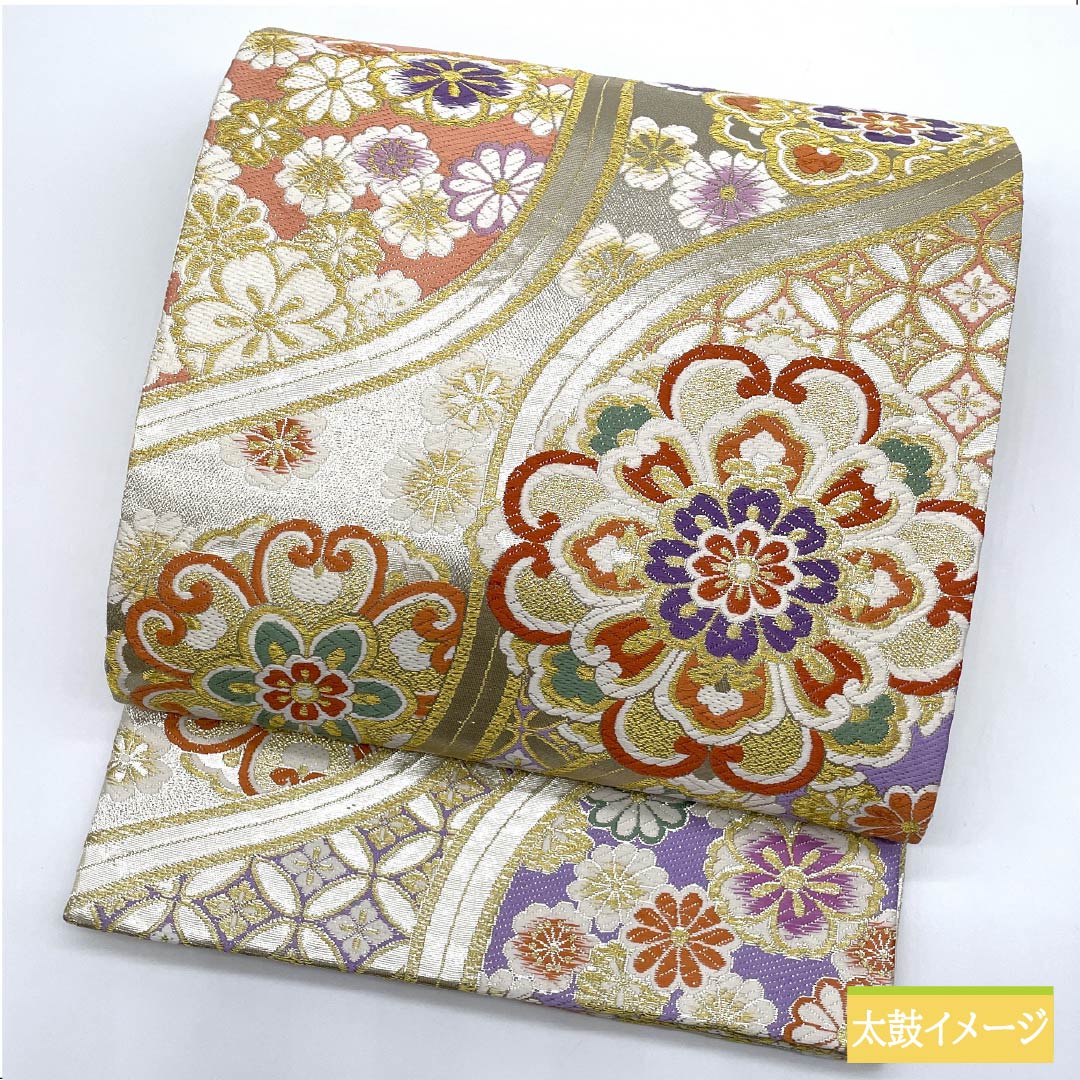 袋帯 正絹 生成り色(きなりいろ) 華文 七宝 桜 菊 帯丈444cm Aランク 六通 フォーマル 銀系 1123012103322