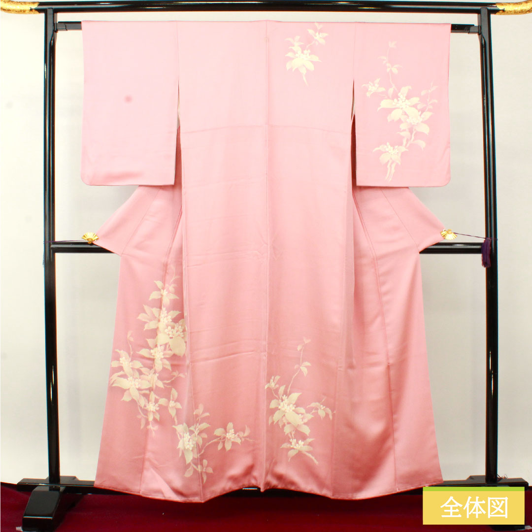 訪問着 正絹 袷 身丈158.5cm 裄丈62.5cm 一斤染色(いっこんぞめいろ) 京友禅 草花模様 一つ紋 丸に沢瀉 Aランク ピンク系 1112004763313