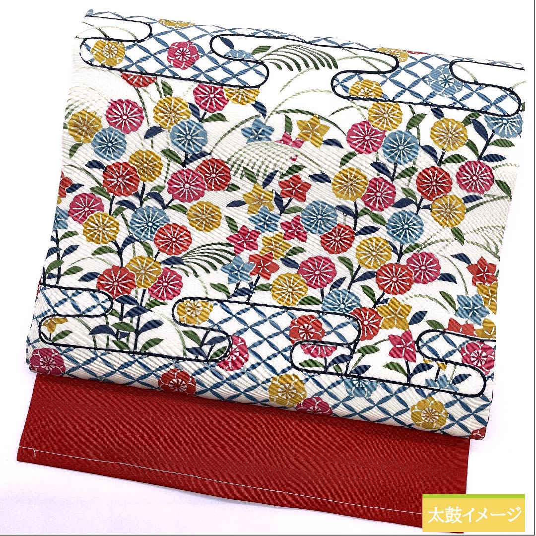 名古屋帯 乳白色色 型染 京紅型 七宝 菊 桔梗 梅 帯丈364.5cm 正絹 Sランク 全通 カジュアル 白系 1124005872311 名古屋仕立て
