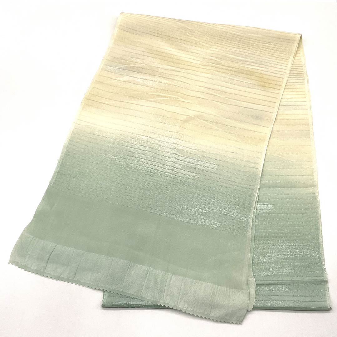 帯揚げ 正絹 セミフォーマル 鳥の子色(とりのこいろ) 白緑色(びゃくろくいろ) 絽 夏用 長さ約178cm 幅約28.5cm Sランク クリーム系 1136000672915