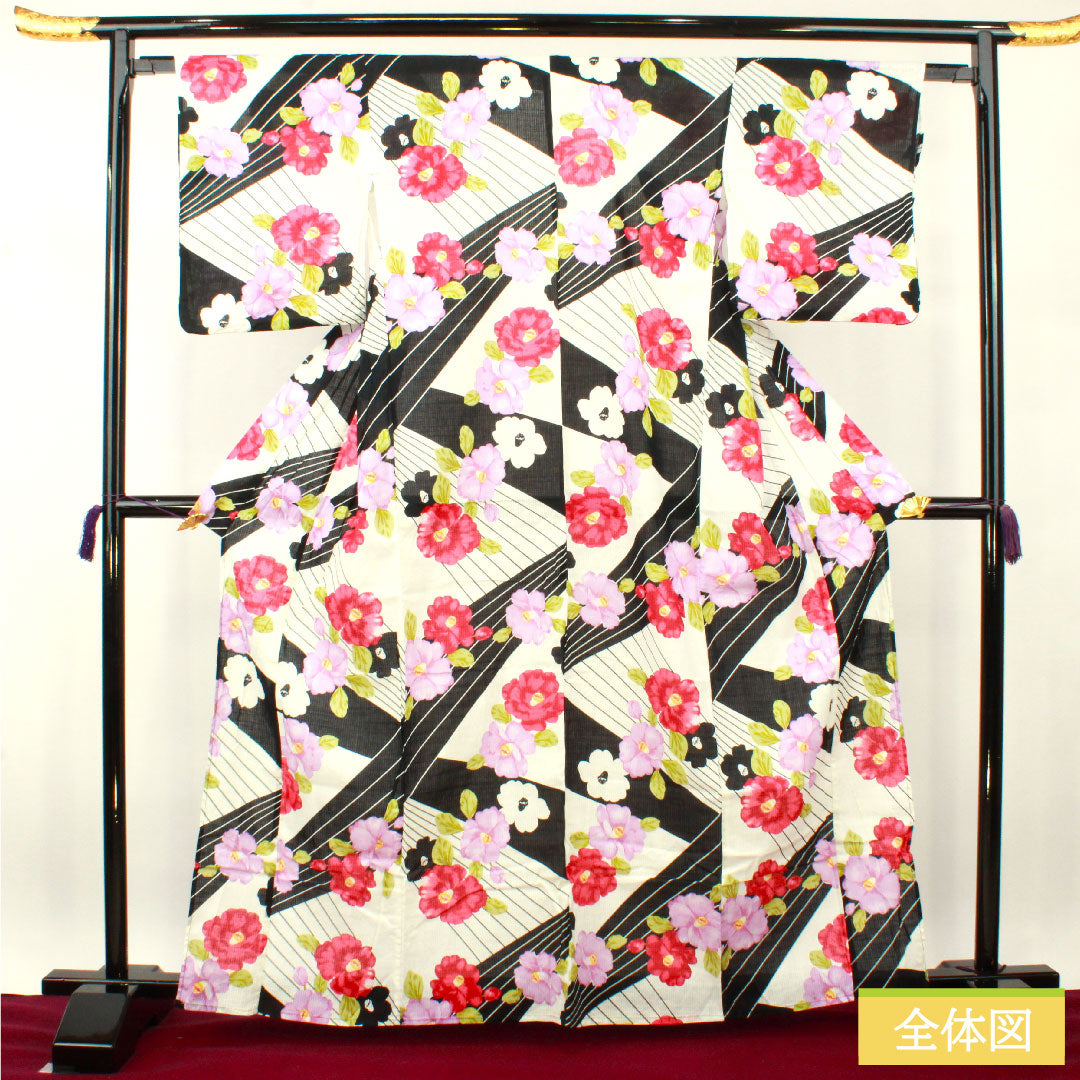 浴衣 木綿 身丈163.5cm 裄丈64cm Sランク 単衣 モノトーン 椿 1118005092427