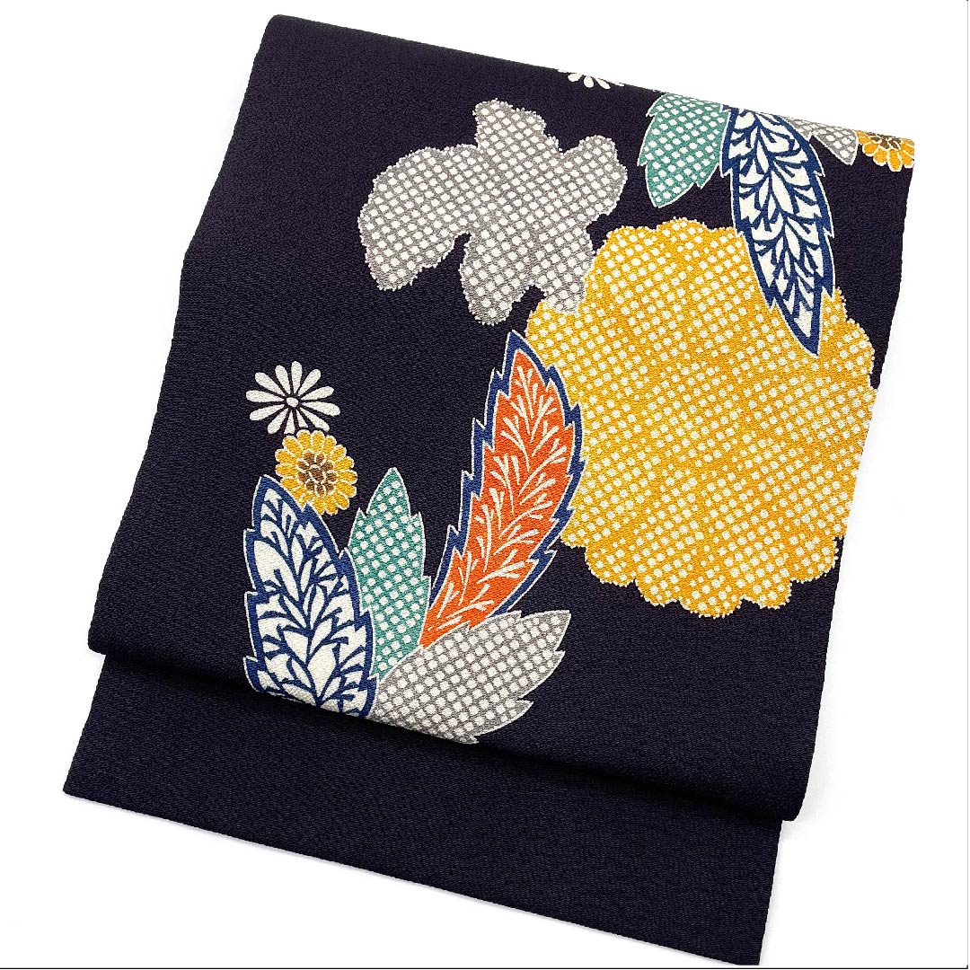 名古屋帯 紫黒色 京紅型 栗山工房 花柄 帯丈372cm 正絹 Sランク ポイント柄 カジュアル 紫系 1124005222320 名古屋仕立て